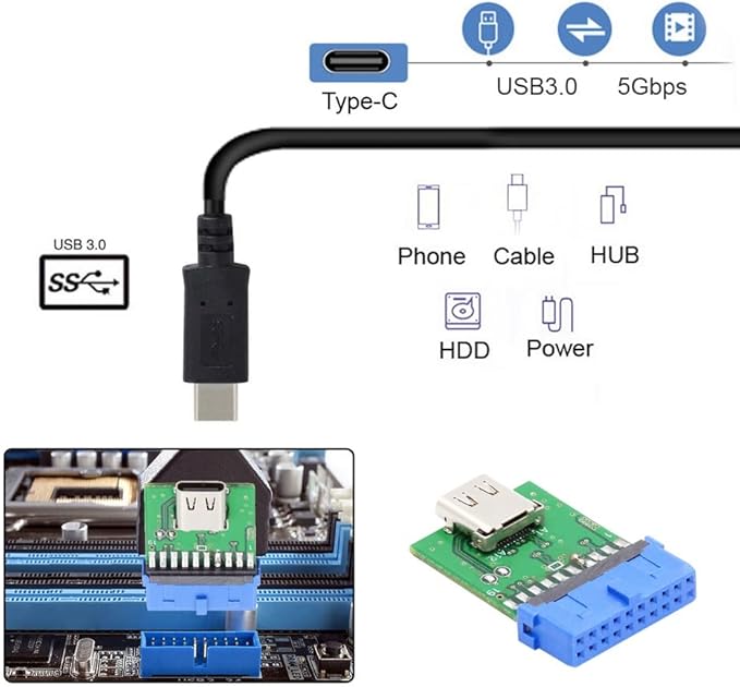 CY USB 3.1 Type C to USB 3.0 Motherboard Adapter, 19/20 Pin Header, 5Gbps, Green