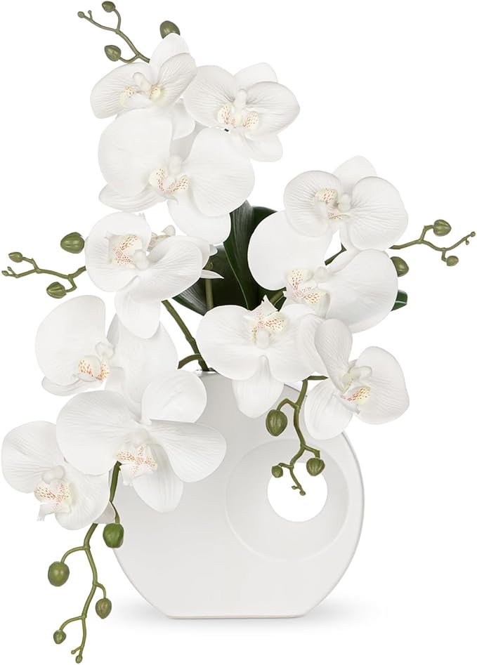 Briful Artificial Orchid White Flowers in Modern Ceramic Vase 15.7" Tall Faux Orchid Arrangement Silk Orchid Flower Fake Orchid Centerpiece for Home Office Room Wedding Table Décor