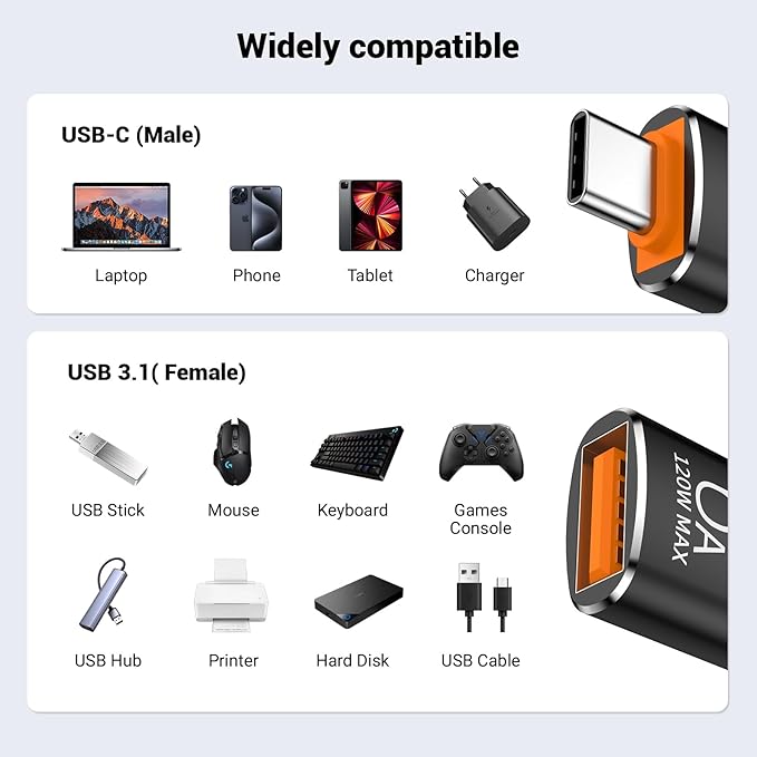 Pastall 10 Pack 10Gbps/120W USB C to USB3.1 Adapter,Black Type C Male to USB Female Adapter for Smartphone, PC, Laptop, Tablet, Keyboard etc.