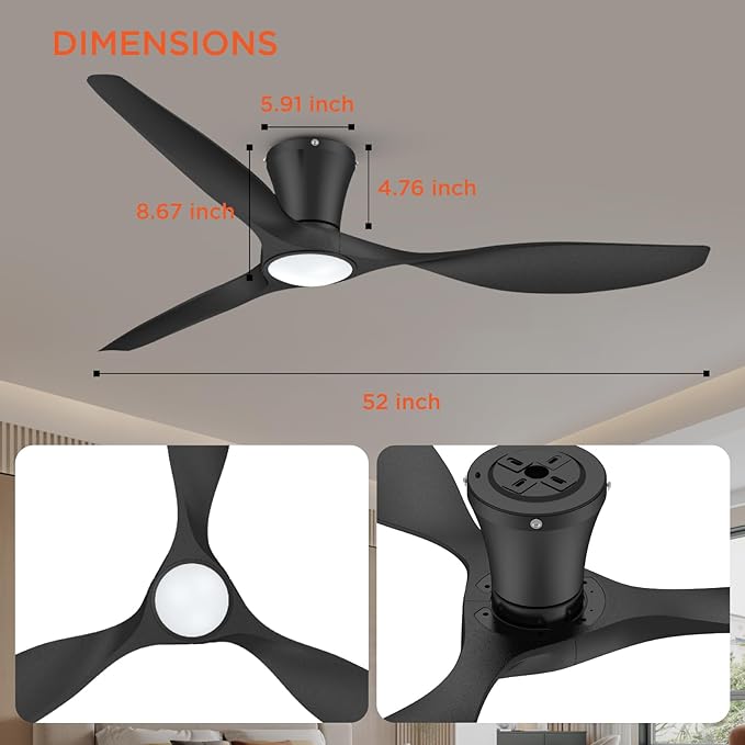 TALOYA Ceiling Fans with Lights,52 inch Modern Low Profile Ceiling Fan with Quiet Reversible DC Motor,Flush Mount,3CCT, Black Ceiling Fan for Bedroom Living Room Kitchen and Patio