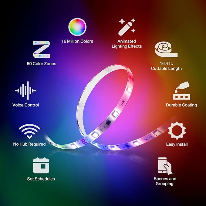 Kasa Smart LED Light Strip, 50 Color Zones RGBIC, 16.4ft Wi-Fi LED Strip Works w/ Alexa, Google Home & SmartThings, High Brightness, 16M Colors, PU Coating, Trimmable, 2 Yr Warranty (KL420L5)