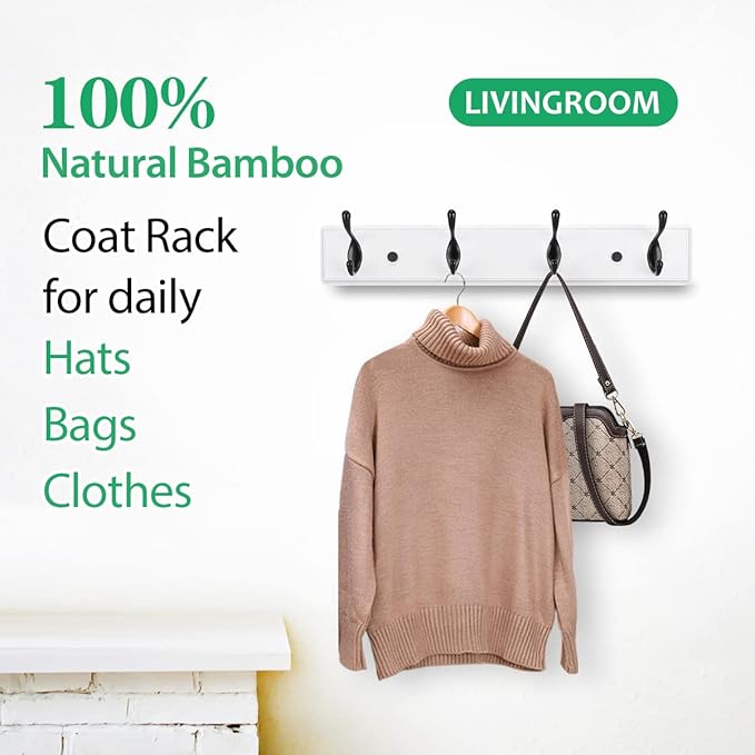 Wooden Coat Rack, Wall-Mounted Organizer for Closet, Entryway, Hallway, Foyer, Bedroom, Heavy Duty Double Hooks for Hanging Towels, Bags, Hats, Jackets, Key (WhiteBlack, 4 Hooks)