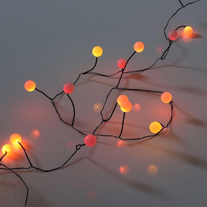 QBIS 40 LED Berry Cluster Lights - Red, Orange & Yellow Battery Powered Christmas Lights with Timer, String Lighting Perfect for Christmas, Fall and Fireplace Cozy Lighting. Indoor and Outdoor use.