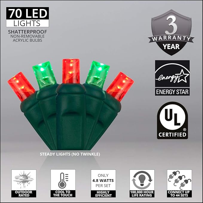 Wintergreen Lighting 70 5mm LED Red and Green Christmas Lights, 24' Christmas Lights Red and Green LED Mini Holiday String Lights