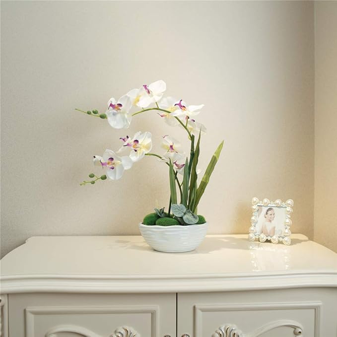 Large Artificial Potted Orchid Plant, Silk Flower Arrangement with Ceramics Vase, White