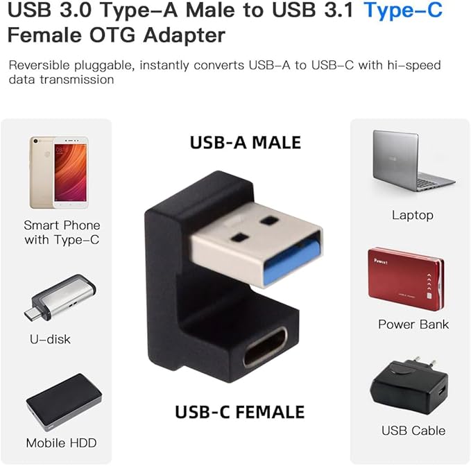 CY USB-C Type C Female Opposite U Shape Back Angled to USB 3.0 A Male Data Adapter for Laptop Desktop