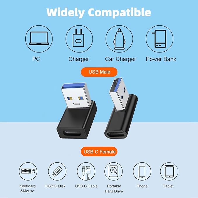 AreMe 90 Degree USB to USB C Adapter 4 Pack, Up and Down Angle, Left and Right Angle Type C Female to A Male Converter Extender for PC, Laptop, USB A Charger, Power Bank and More (Black)