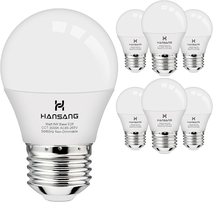 hansang E26 Appliance Light Bulb, 3000K Soft White, 60 Watt Equivalent Small Light Bulb, E26 LED Bulb for Ceiling Fan, A15 Light Bulb, 600lm 120V, CRI85+, Eye Protection, 120V, Non-Dimmable 6 Pack