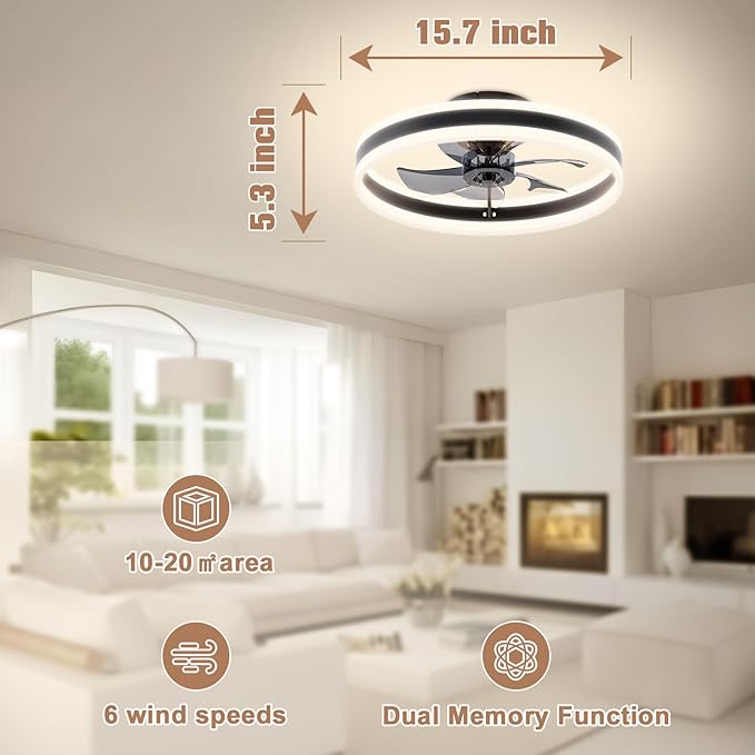 VOLISUN Fandelier Ceiling Fans with Lights and Remote, 15.7in Low Profile Ceiling Fan Flush Mount, 3000K-6500K Dimmable Bladeless LED Fan Light, Black Modern Ceiling Fans with Lights for Bedroom