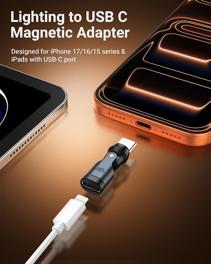 MoKo Lightning to USB C Magnetic Adapter 60W, 9 PIN Magnetic Lightning Adapter with 180° 360° Rotating, Lighting to USB C 90 Degree Adaptor for iPhone 17 Air 16 15 Pro Max/iPad/MacBook, Galaxy, Gray