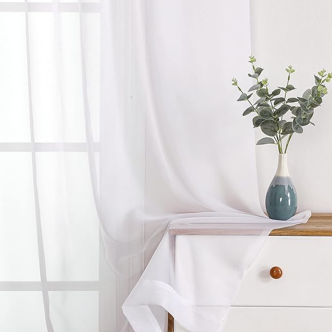 OWENIE Sheer Curtain, 120 Inches Long, White, Rod Pocket, Polyester, 2 Panels, for Living Room and Bedroom