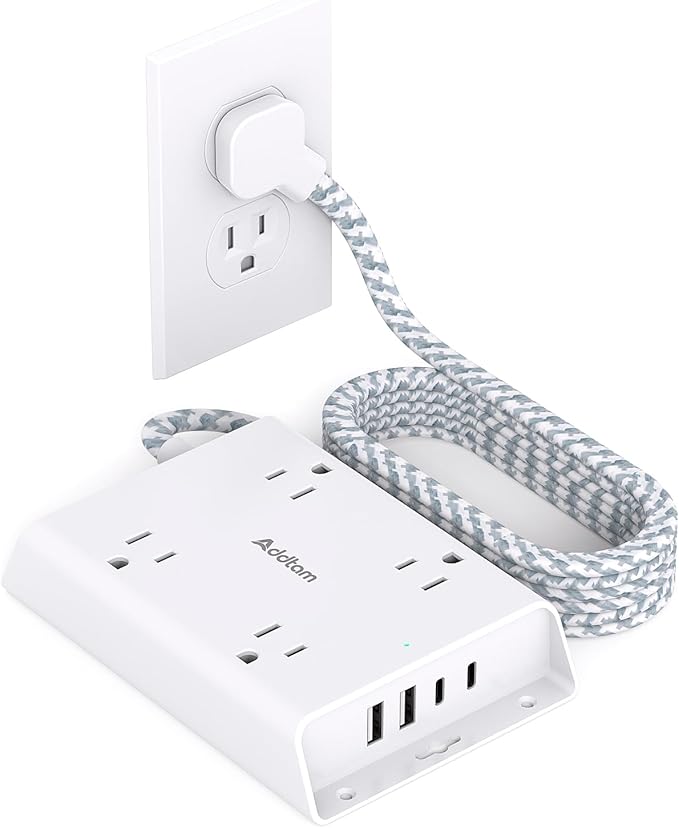 Surge Protector Power Strip, Addtam 5 ft Flat Plug Extension Cord with 4 USB Wall Charger(2 USB C Port), 4 Widely Outlets Desk Charging Station, Home Office and College Dorm Room Essentials
