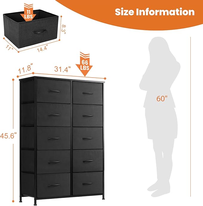 Sweetcrispy Dresser, Tall Dresser for Bedroom, Drawer Dresser Organizer Storage Drawers with 10 Drawers, Chest of Drawers with Fabric Bin, Steel Frame, Wood Top for Bedroom, Closet, Entryway