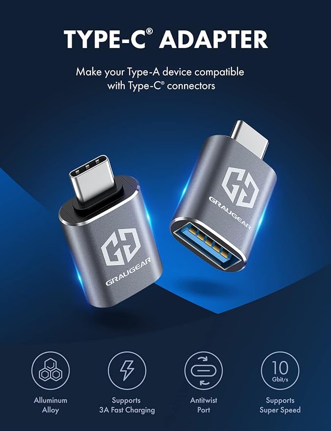 GRAUGEAR USB to USB-C Adapter Pack of 2, 10Gbps Data Transfer, USB-C Male to Type-A Female Adapter, Compatible with PC, Laptop, MacBook, iPhone, iPad, Apple Watch, USB Charger, Type C Devices