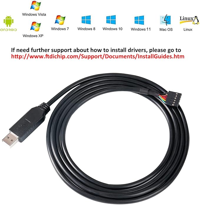 DTECH USB to TTL Serial 5V Adapter Cable with FTDI FT232RL Chip 6 Pin 0.1 inch Pitch Female Socket Header UART IC Windows 11 10 8 7 Linux MAC OS (6ft, Black)
