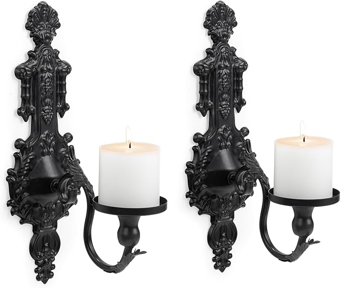 GAKA Wall Sconce Candle Holder Set of 2 Gothic Metal Candle Sconce Black Candle Holders Vintage Wall Mount Candle Holders Decorative,Black