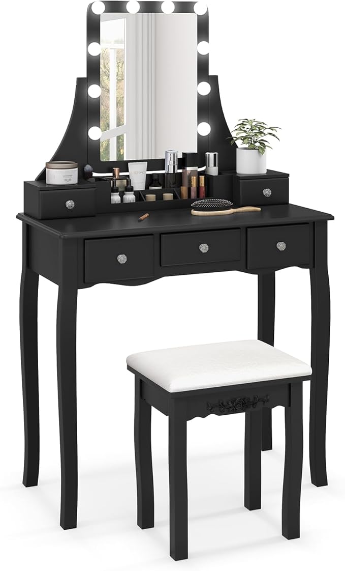 CHARMAID Vanity Desk with Mirror and Lights, Makeup Vanity Table with 5 Storage Drawers, 3 Color Lighting Modes, Adjustable Brightness, Modern Bedroom Dressing Table with Vanity Stool, Black