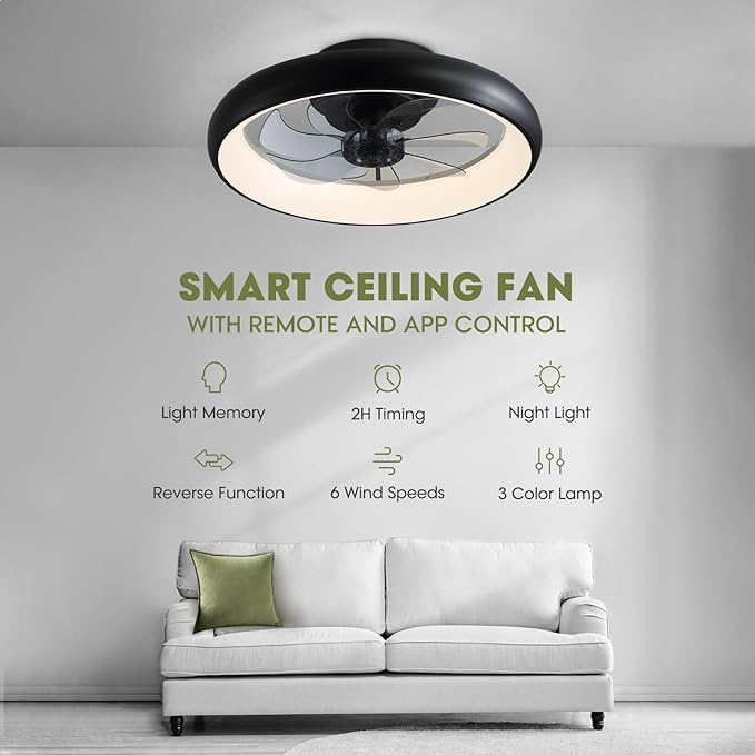 Modern Black 20" Flush Mount Ceiling Fan with Lights, 6 Wind Speeds, LED, Bedroom, Kitchen