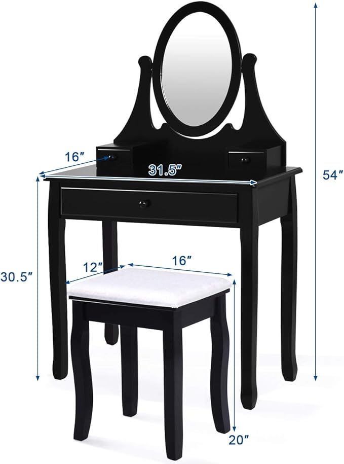 Giantex Vanity Set with Oval Mirror and Cushioned Stool, Makeup Dressing Table with 3 Drawers, Modern Bathroom Bedroom Makeup Organizer Vanity Table for Women Girls Gifts (Black)