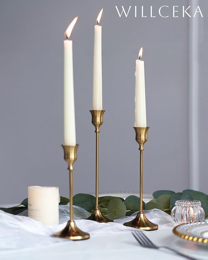 Gold Candlestick Holders, Taper Candle Holders, Set of 3 Brass Candle Holder Set, Vintage Table Centerpiece for Wedding Christmas Holiday