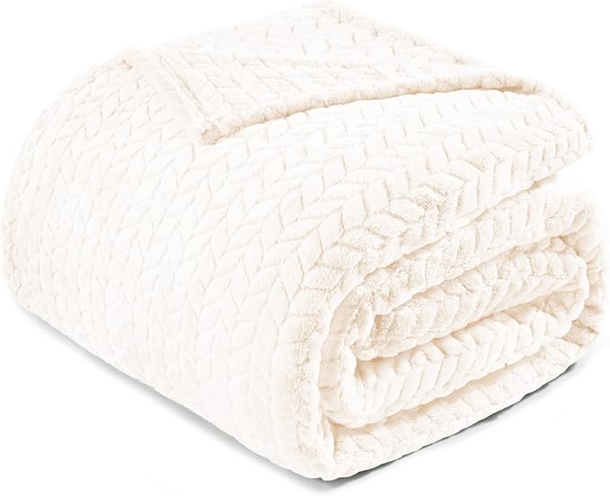 Exclusivo Mezcla Fleece King Size Blanket for Bed, 90x104 Inches Soft Cozy Jacquard Flannel Blankets, Lightweight Fuzzy Plush Warm for Winter, Off White