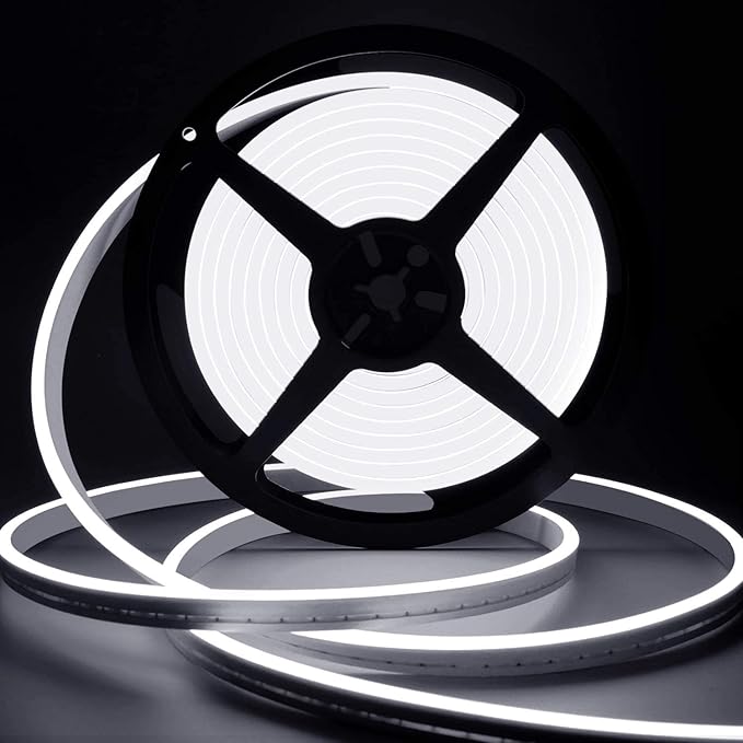 Lamomo LED Neon Rope Light, 12V White Neon LED Strip Light, 16.4ft/5m Dimmable Waterproof Strip Lighting, Silicone DIY Sign for Bedroom Indoor Home Decor (Power Adapter Included)