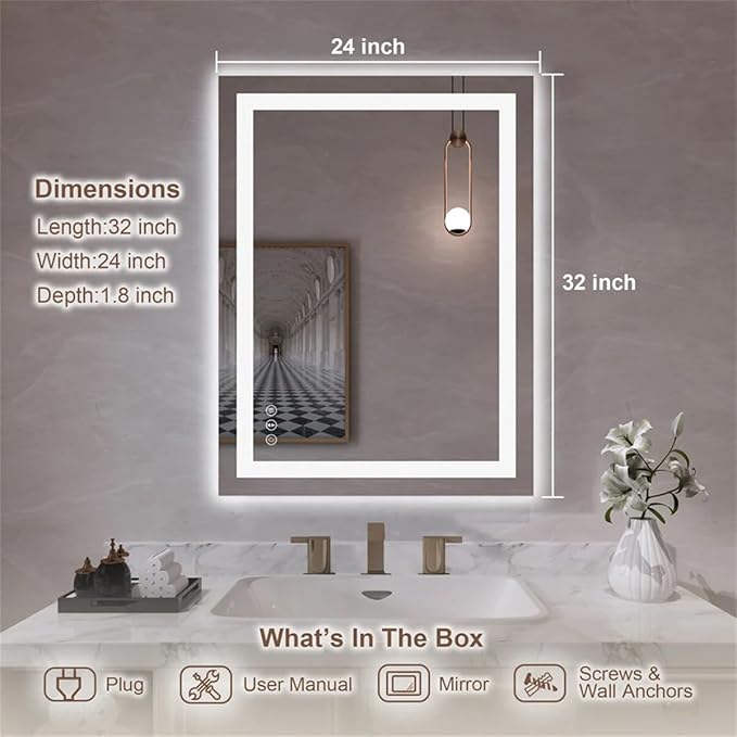 LED Bathroom Mirror 24"x 32" with Front and Backlight, Stepless Dimmable Wall Mirrors with Anti-Fog, Shatter-Proof, Memory, 3 Colors, LED Vanity Mirror(Horizontal/Vertical)