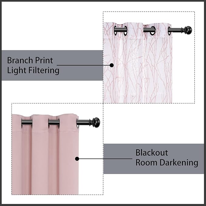 BONZER Mix and Match Curtains - 2 Pieces Branch Print Sheer Curtains and 2 Pieces Blackout Curtains for Bedroom Living Room Grommet Window Drapes, 54x95 Inch/Panel, Blush, Set of 4 Panels