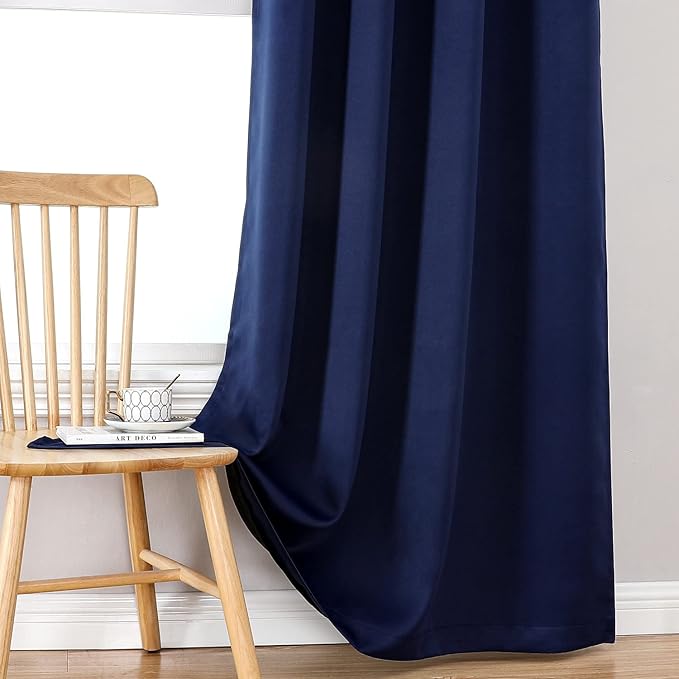 ChrisDowa 100% Blackout Curtains for Bedroom with Black Liner, 2 Thick Layers Total Blackout Thermal Insulated Grommet Window Curtains 2 Panels Set (Navy Blue, 42 x 63 Inch)