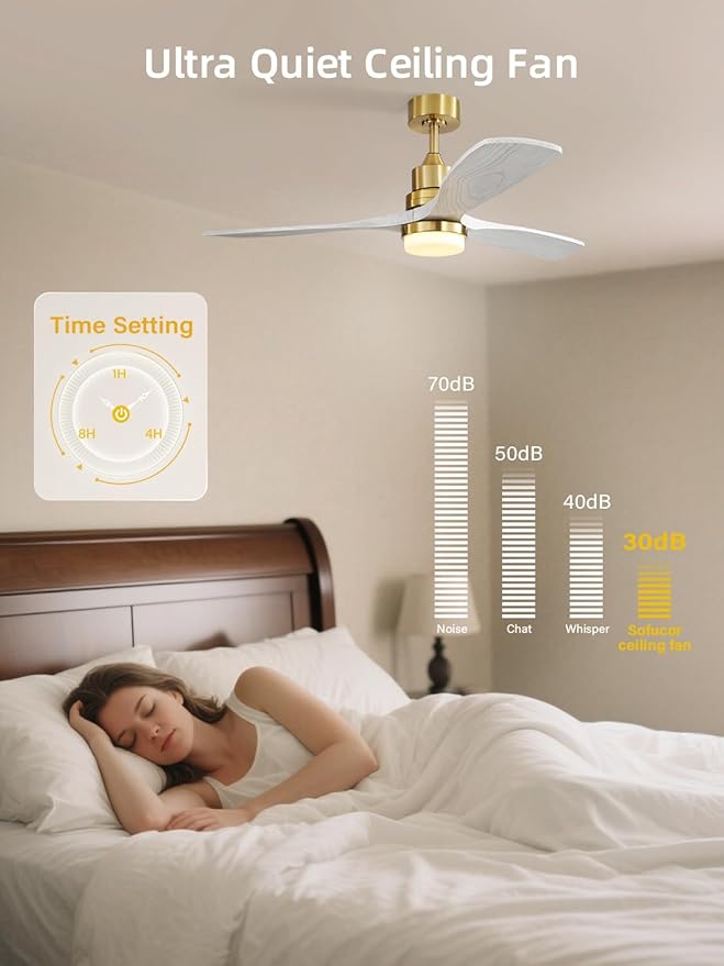 Sofucor Low Profile Ceiling Fan with Lights Remote Control 52 Inch Flush Mount Ceiling Fan Modern Wood Blade Fan for Bedroom Living Room Indoor Outdoor Farmhouse Patio, Grey Gold