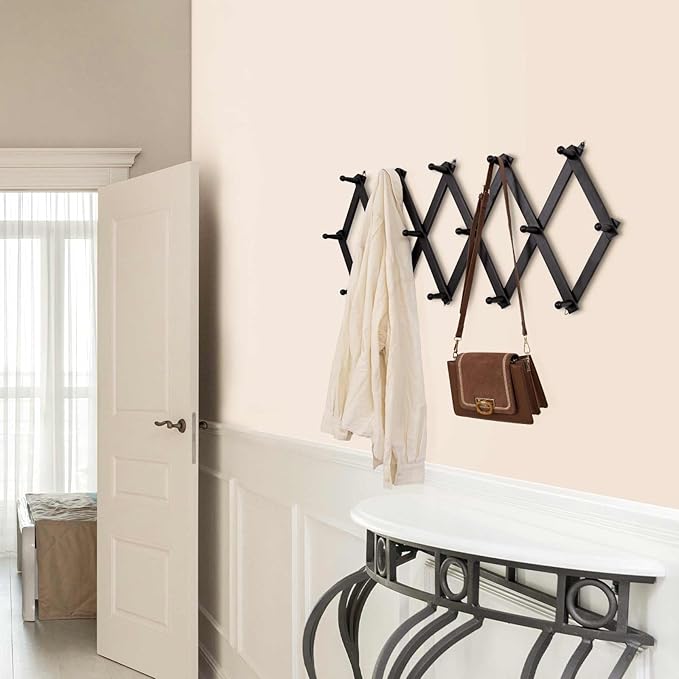 Accordion Wall Hanger with 16 Hooks, Wooden Wall Expandable Coat Rack for Coat, Hats, Baseball Caps, Coffee Mug, Jewelry(Black)