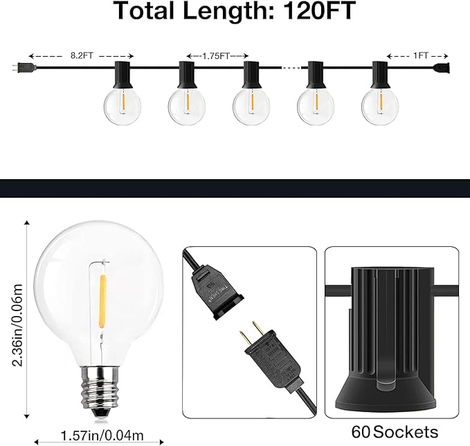 GPATIO 120FT Outdoor String Lights, Waterproof Patio Lights with 64 Hanging Lights Globe G40 Bulbs, 2700k Shatterproof for Backyard Outside Decor