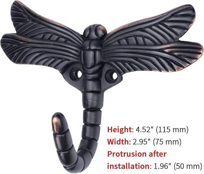 Dragonfly Hooks Wall Hooks for Hanging, Oil Rubbed Bronze Coat Hooks Wall Mounted Towel Hooks,Heavy Duty Key Holder for Decor,Pack of 4