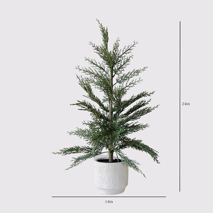 CG Hunter Holiday Collection, Set-of-2 Faux Cedar Trees, Premium Artificial Indoor & Outdoor Cedar Tree Stands 24" Tall in Creme Pot–Perfect Christmas Decoration