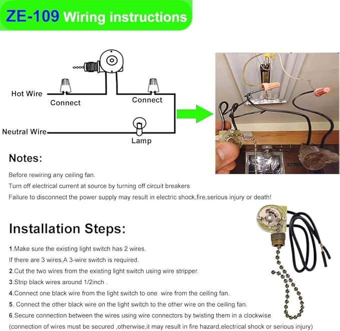 Ceiling Fan Light Switch Zing Ear ZE-109 Two-Wire with Pull Cords,On/Off Control Light Switch for Ceiling Fans, Lamps & Wall Lights – Compatible with Harbor Breeze Replacement Parts, (2-Pack, Bronze)