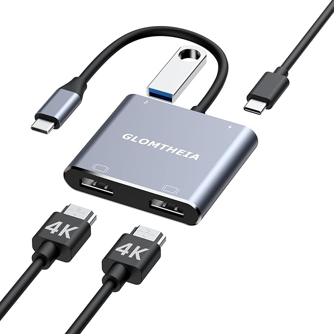 USB C to Dual HDMI Adapter, 4K@60Hz Dual Monitor HDMI Splitter for Extended Display, 100W PD, USB-A Port, Windows Enables 3-Screen Multi-Display, macOS Supports Mirror Mode Only
