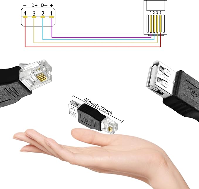 RJ11 to USB Telephone line Adapter, Telephone line fax Machine Modem Test Connector 6P4C Male to USB Female Port Adapter（2Pack