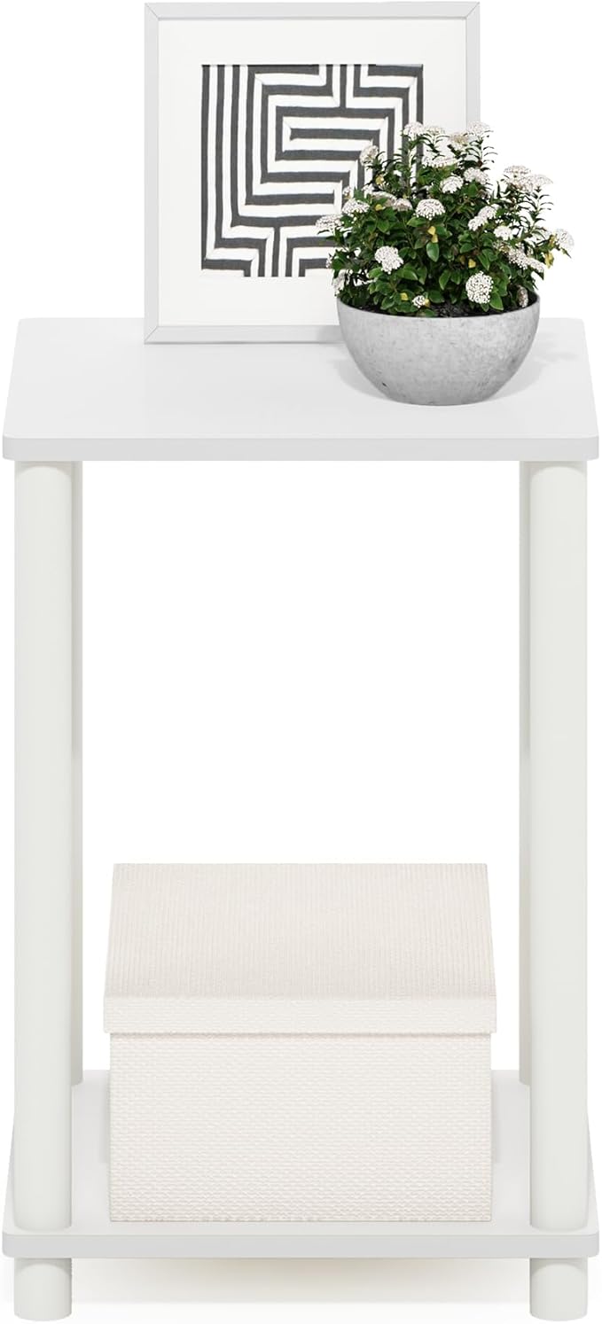 Furinno Turn-N-Tube Side Table, 2-Tier End Table with Open Shelf, Toolless Night Stand, Bedside Table, for Living Room, Bedroom, White