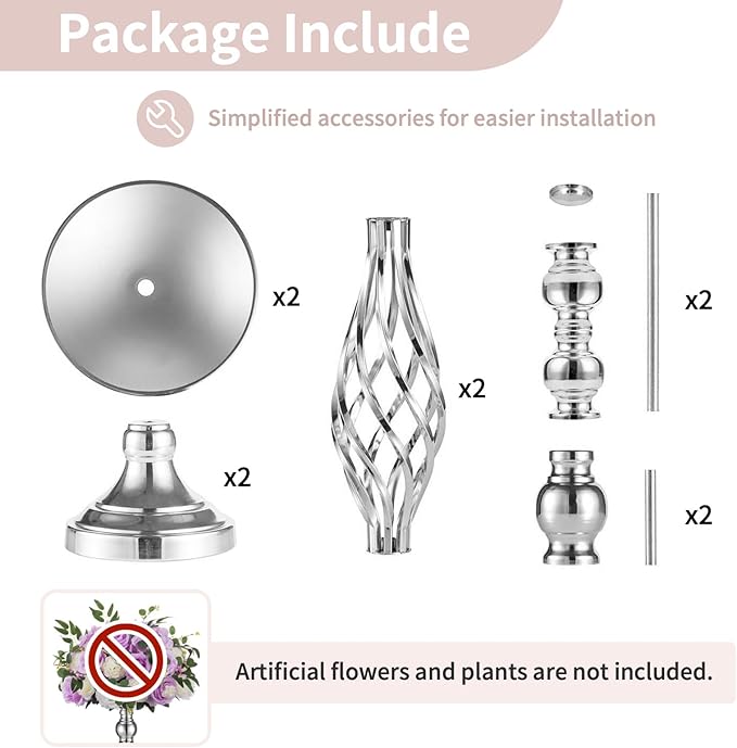 Set of 2 Versatile Silver Flower Arrangement Stand & Pillar Candle Holder Set for Wedding Party Dinner Centerpiece Event Restaurant Hotel Decoration (Silver Twist Style, 2 x L)