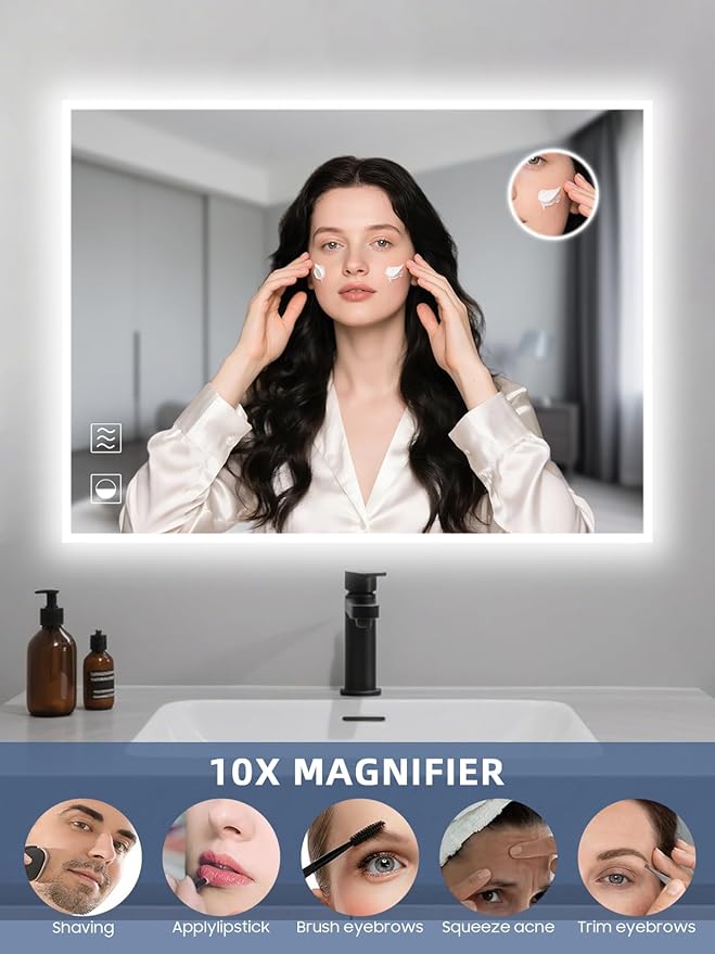 Led Mirror for Bathroom, 24x32 Inch Backlit Mirror with 10X Magnification and Shaver Charging Port, Anti-Fog, Memory Function, 3 Color Temperature, Dimmable Led Bathroom Mirror, Horizontal/Vertical