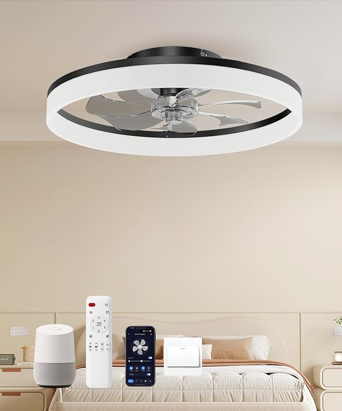 Smart Ceiling Fans with Light and Remote,20'' Low Profile Ceiling Fan with 6-Speed & Dimmable LED, Alexa/APP Home Voice Control, App, Reversible Airflow, App Timer, for Beedroom（Black）