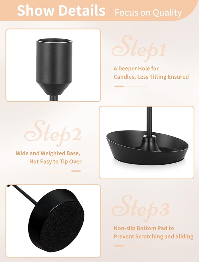 NUPTIO Black Candlestick Holders for Centerpiece: 3 PCS Tall Taper Candles Holders for Halloween - Metal Candles Stick Holder for Christmas Birthday Party Fireplace Table Decor