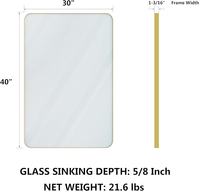 VocalStar Gold Bathroom Mirror for Wall, 40 x 30 Inch Metal Framed Rounded Rectangle Vanity Mirror Modern Farmhouse, 1/4-inch Shatterproof Glass | Ultra-Flush Hanging