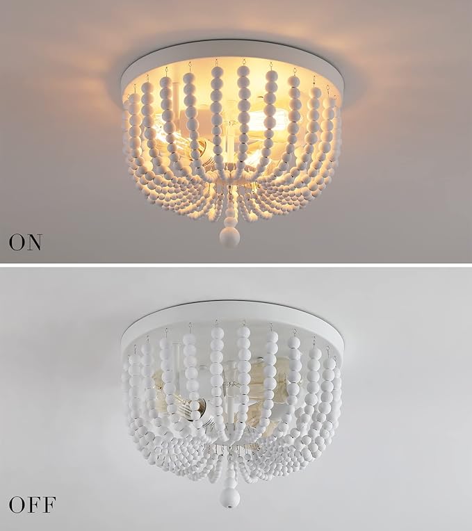 Q&S White Boho Beaded Chandeliers Flush Mount Ceiling Light,3-Lights Small Chandelier Light Fixture for Bedroom,Kitchen,Dining Room,Living Room,Stairway Gazebo