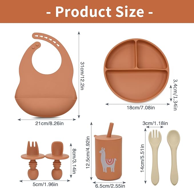 Silicone Baby Feeding Set, Baby Led Weaning Supplies, Baby Spoons Suction Divided Plate Bib Cup, First Stage Solid Food Eating Utensils - 6+ Months(Orange-Beige)