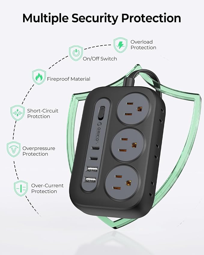ORICO Surge Protector Power Strip, Multiple Outlets Extension Cord with 6 AC Outlets 2 USB-A and 2 USB-C Ports, 10 ft Long Flat Plug Power Strip, Mountable Outlet Extender for Dorm/Office/Home- OG