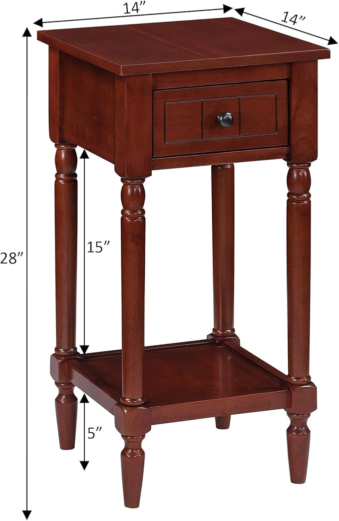 Convenience Concepts French Country Khloe 1 Drawer Accent End Table 14" - Traditional Farmhouse Side Table with Storage Drawer and Shelf for Living Room, Mahogany