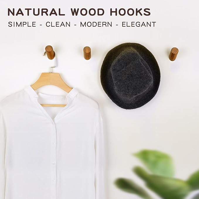 Wooden Wall Hooks, 2 Pack Coat Hooks Wall Mount, Natural Wood Hooks Coat Rack, Heavy Duty Hooks for Hanging Towels Entryway Coats Hat Rack for Wall (Walnut Wood)