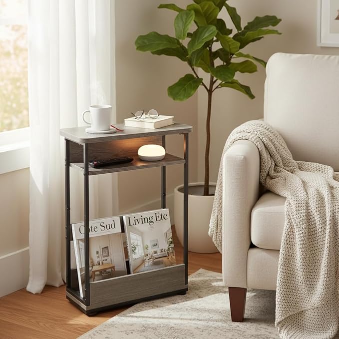 Narrow Side Table,3-Tier Slim End Table with Storage Shelf,Modern Sofa Table Thin Side Table for Narrow and Small Spaces, Skinny Bedside Table Small Nightstand with Magazine Rack Space Saving/Grey