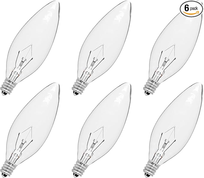 6-Pack E12 Candelabra Light Bulbs 25W Warm White 2500K, 240 Lumen Dimmable Chandelier Light Bulbs for Ceiling Fan, Pendants or Outdoor, B10 Clear Incandescent Candle Bulbs